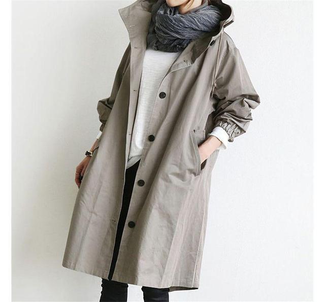 Plain Hooded Long Single-Breasted Trench Jacket Product Image