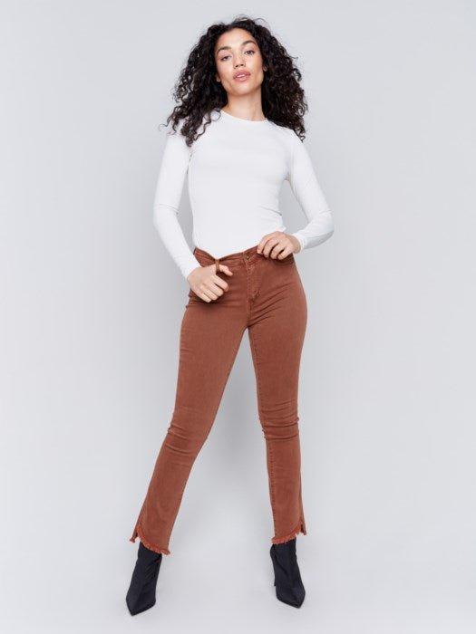 Bootcut Twill Pants with Asymmetrical Hem - Terracotta Product Image