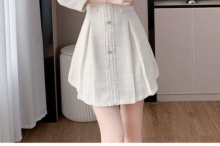 Long-Sleeve Crewneck Button-Up Mini A-Line Dress Product Image