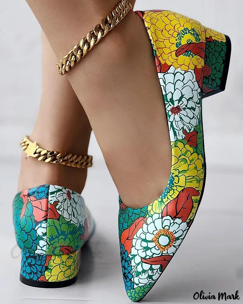 Olivia Mark – Exquisite Floral Print Pointed Toe Chunky Heel Pumps Product Image