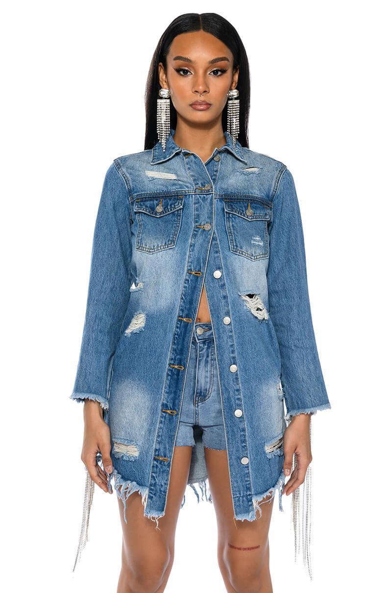 DOLLYS SIS RHINESTONE LONG DENIM JACKET Product Image