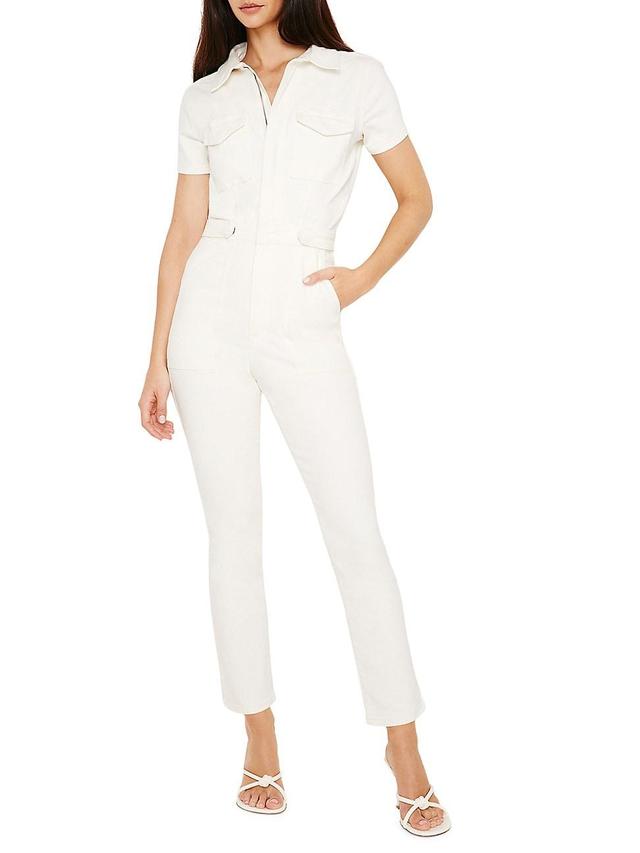 Womens Fit For Success Light Compression Denim Jumpsuit | Cloud White, | Hidden Front Zipper Closure, Breast Pockets Size XS Product Image