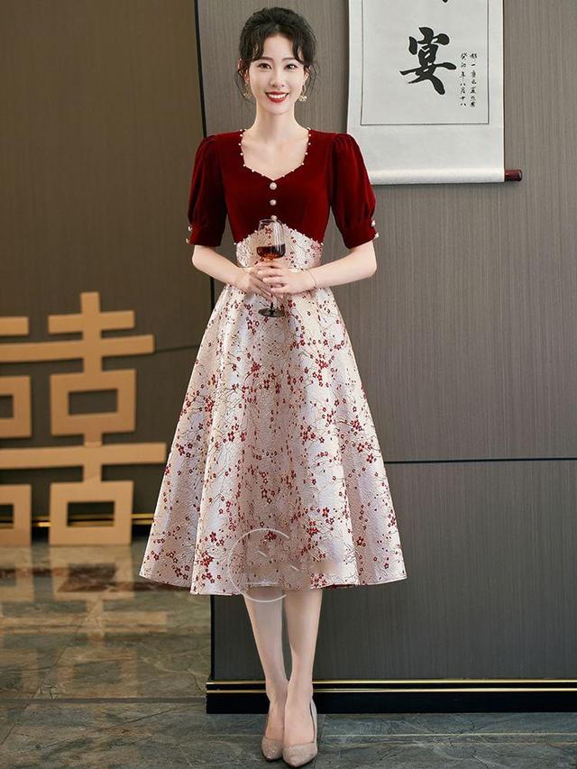 Short-Sleeve Square Neck Faux Pearl Button Velvet Panel Jacquard Midi A-Line Cocktail Dress Product Image