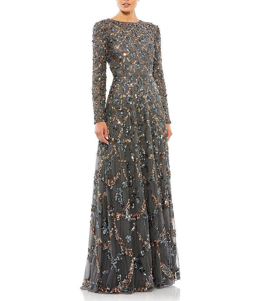 Mac Duggal Embellished Illusion Crew Neck Long Sleeve A-Line Gown Product Image