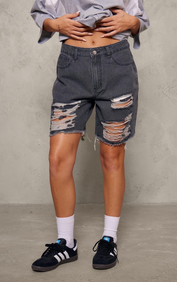 Washed Grey Distressed Longline Boyfriend Shorts Product Image