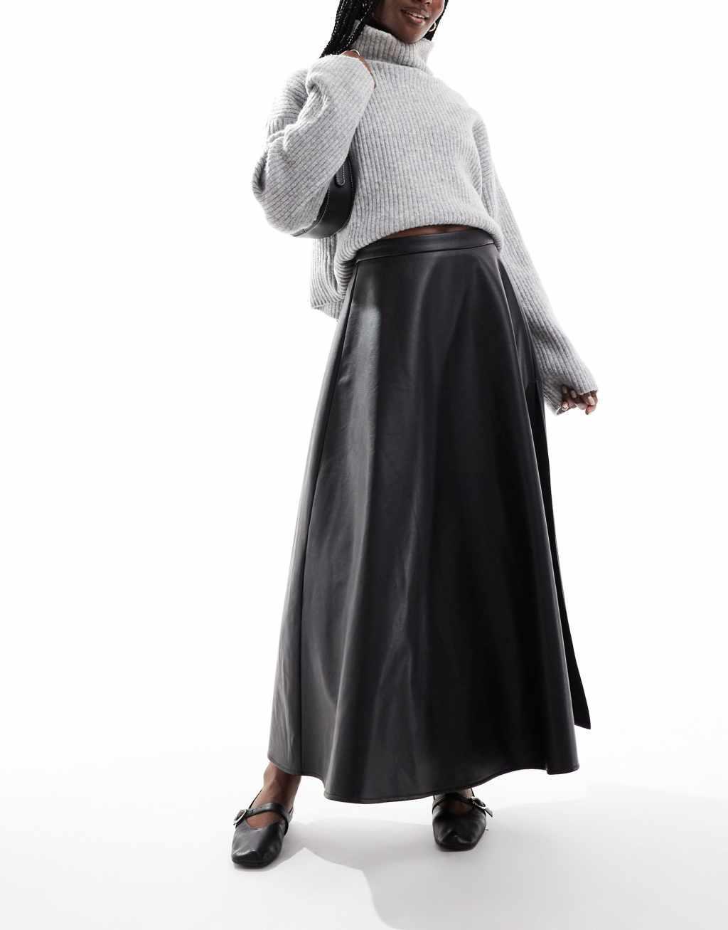 ASOS DESIGN leather look high split detail volume maxi skirt in black Product Image