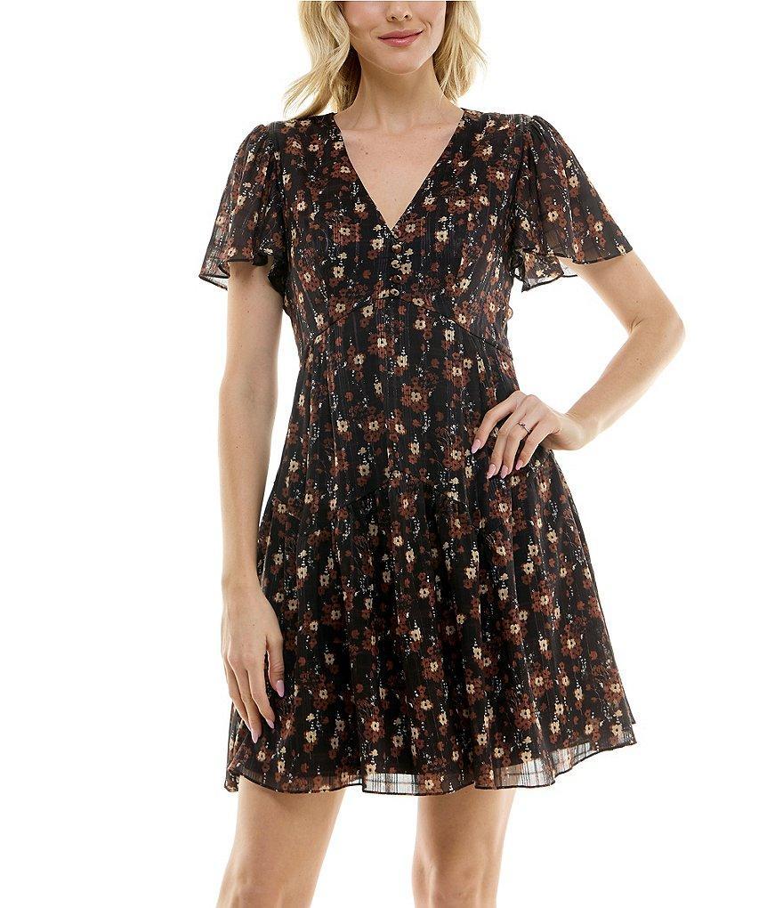 Taylor Floral Print Chiffon V-Neck Short Flutter Sleeve Pleated Mini Dress Product Image