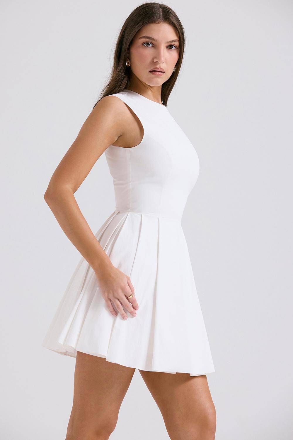 Claretta White Pleated Cotton Mini Dress Product Image