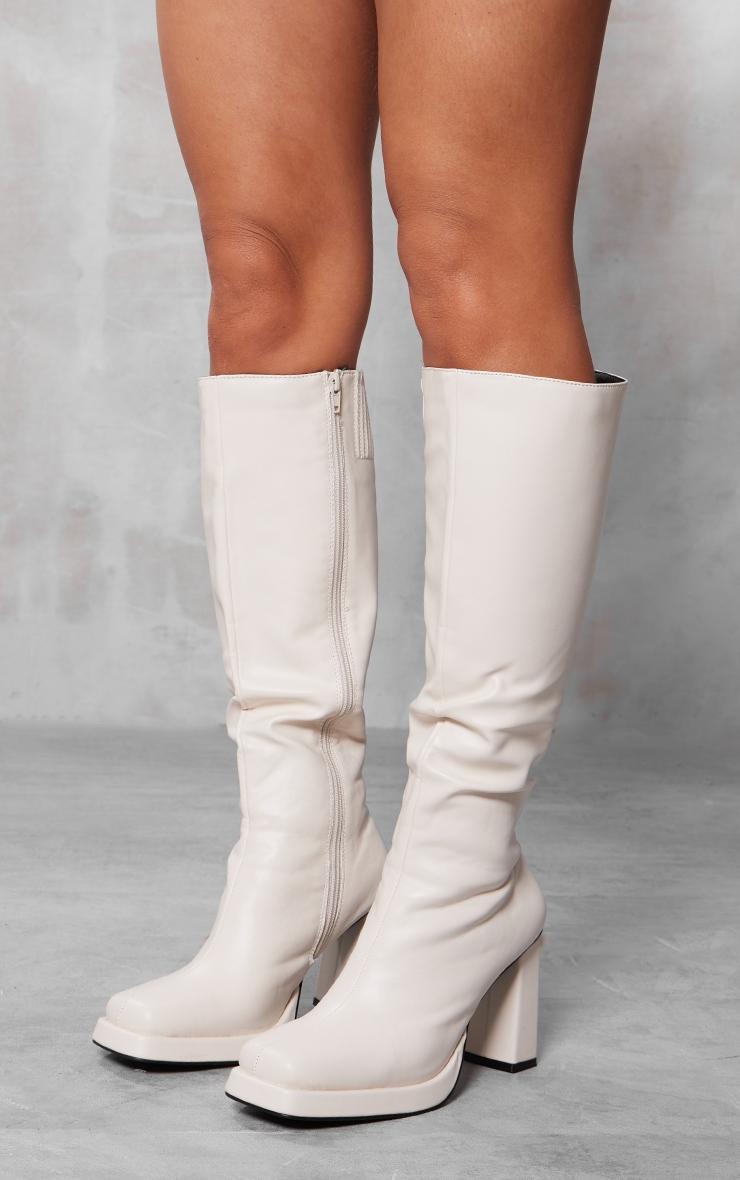 Cream Slight Platform Block Heel Square Toe Knee Boots product image