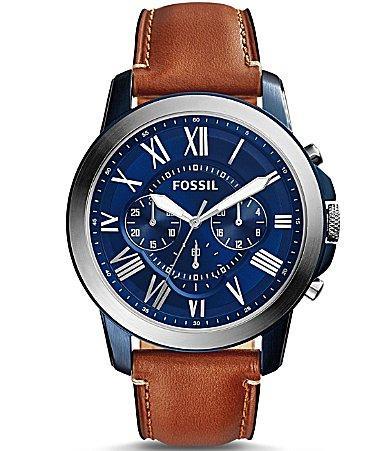 Men's Fossil Grant Two-Tone Chronograph Brown Leather Strap Watch with Blue Dial (Model: Fs5151) Product Image