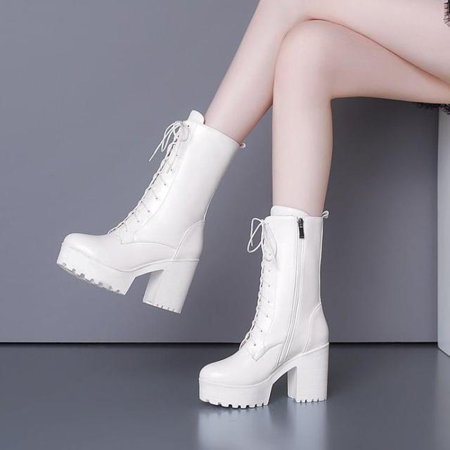 Platform Lace Up Block Heel Mid Calf Boots Product Image