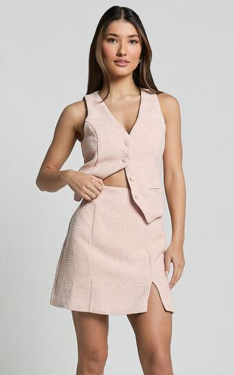 Iggy Mini Skirt - High Waist Split Boucle Skirt in Pink Product Image