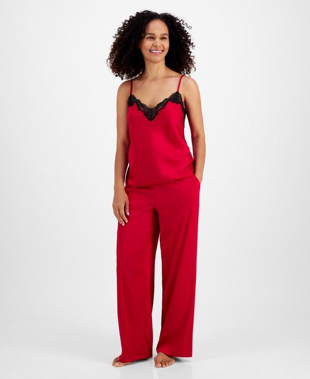 I.n.c. International Concepts Womens Stretch Satin Lace-Trim Top & Pajama Pants Set, Created for Macys Product Image