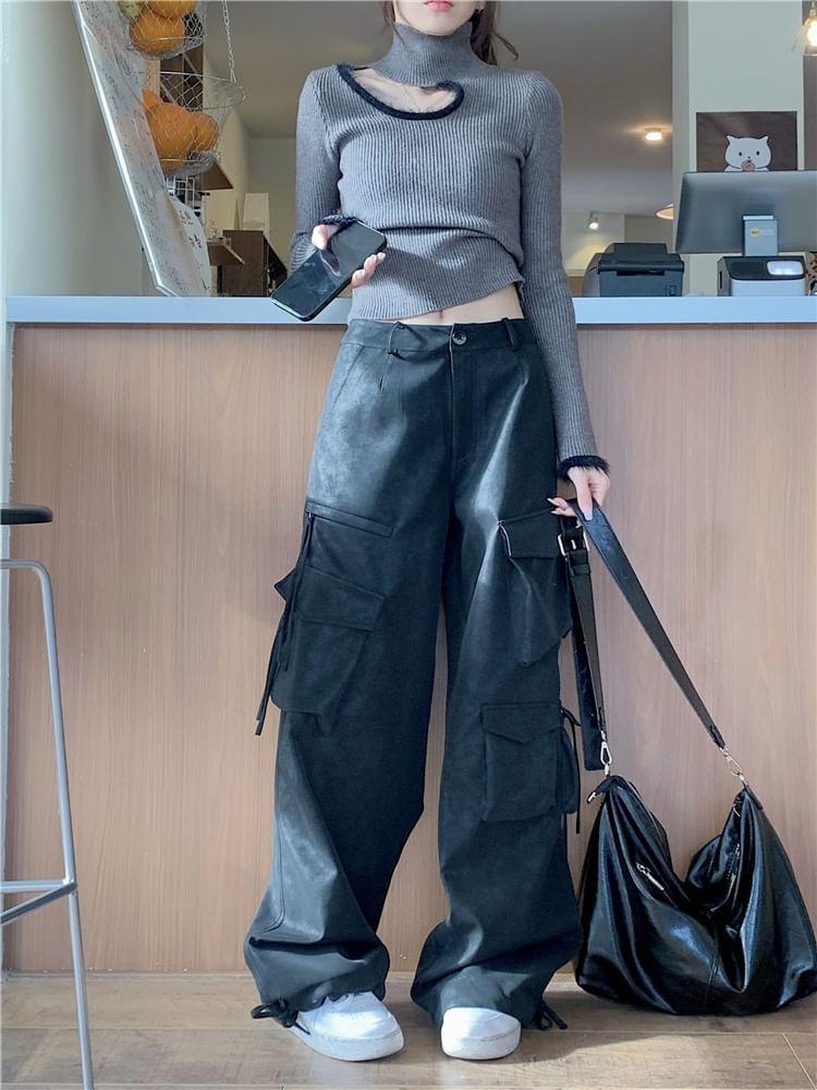 Long-Sleeve Turtleneck Plain Cut Out Knit Top / Mid Rise Plain Wide Leg Cargo Pants Product Image