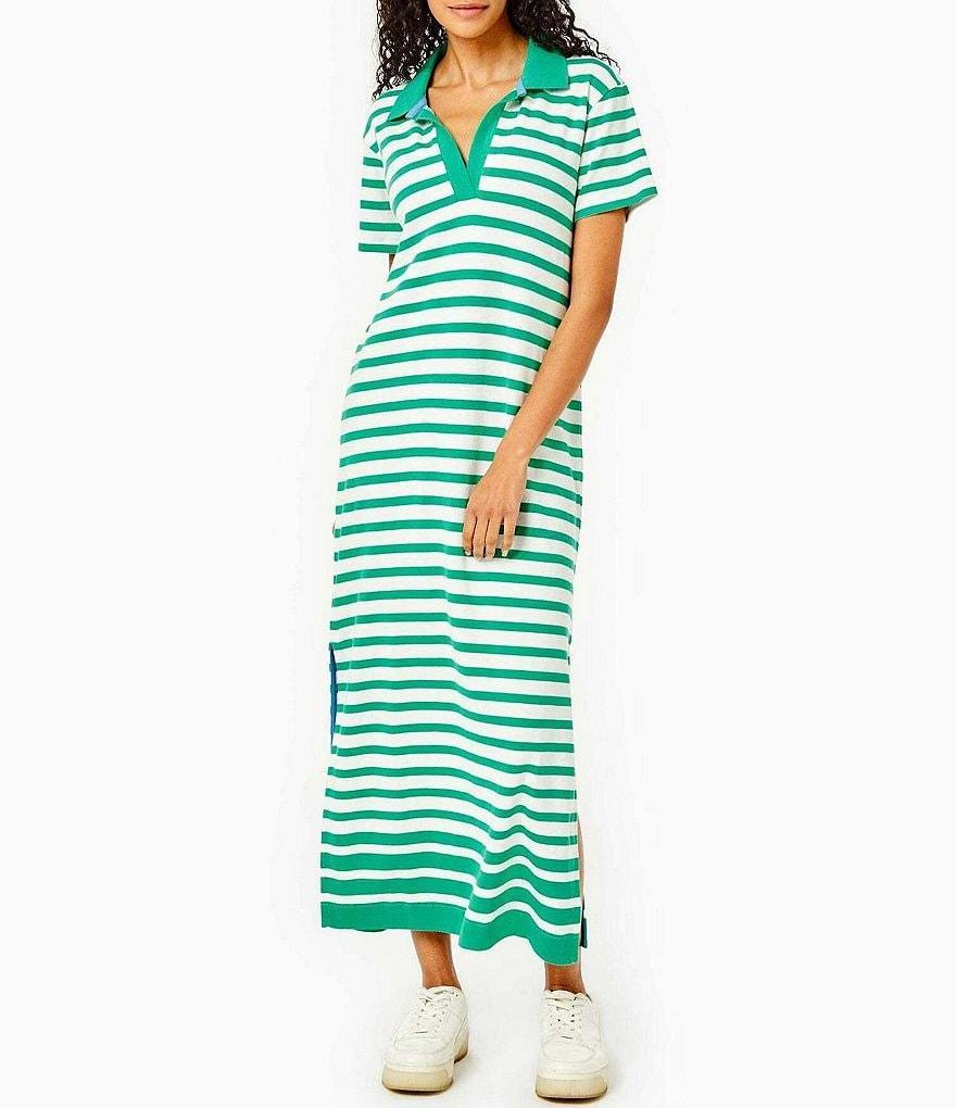 Addison Bay Kiawah Striped Polo Short Sleeve Side Slit Shift Maxi Dress Product Image