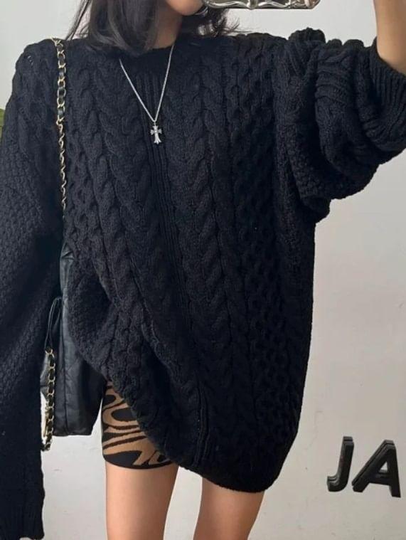 Long Sleeve Plain Cable-Knit Loose-Fit Sweater Product Image