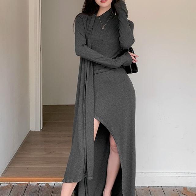 Long-Sleeve High Neck Plain Slit Midi Bodycon Dress product image