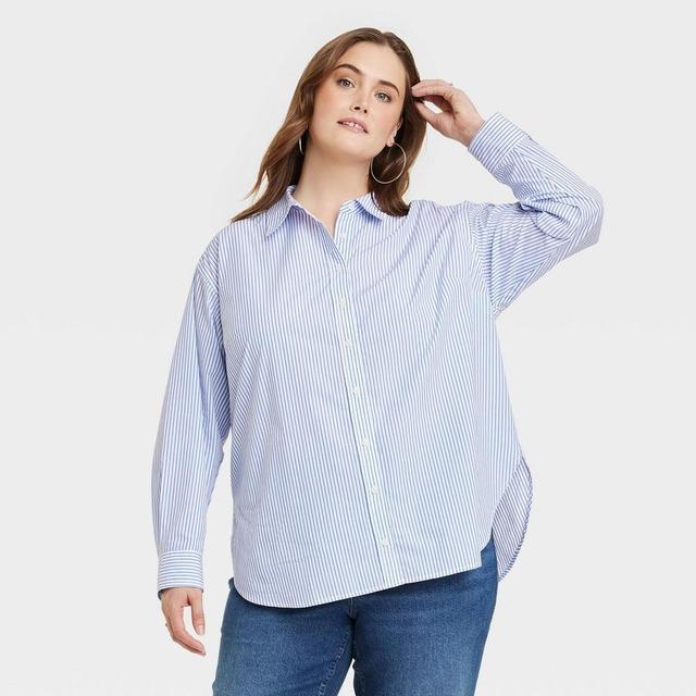 Womens Oversized Long Sleeve Collared Button-Down Shirt - Universal Thread Blue Striped 3X Product Image