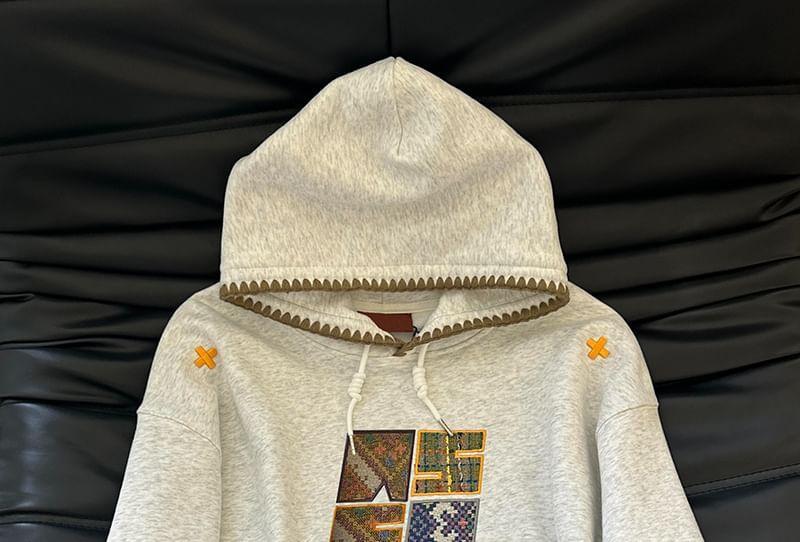 Embroidered Contrast Trim Drawstring Hoodie Product Image