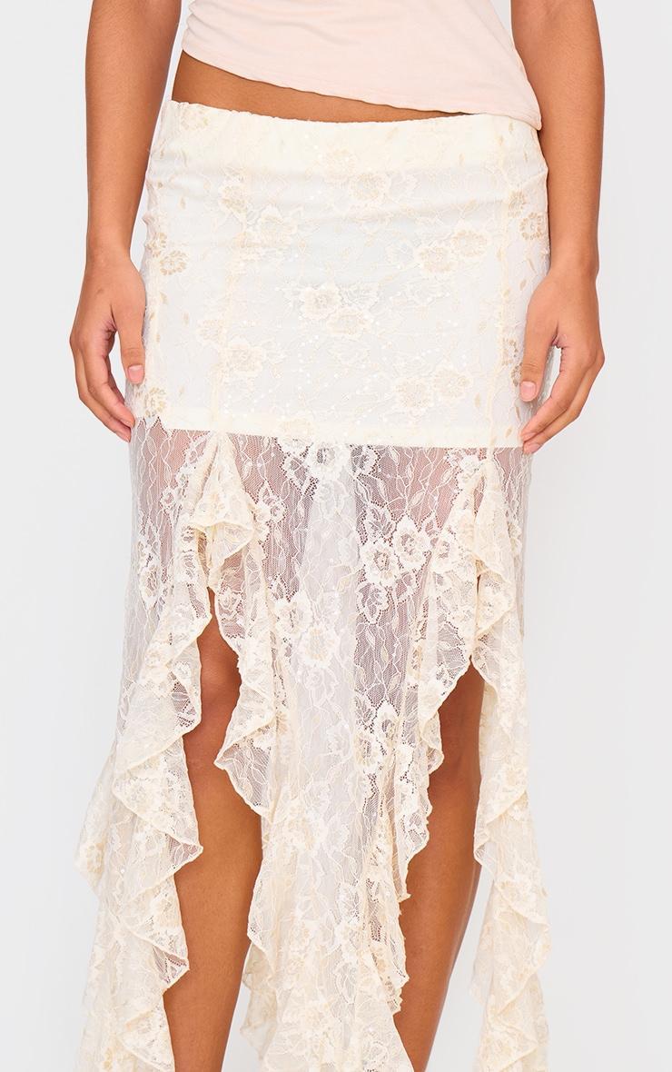 Cream Sequin Lace Drape Detail Maxi Skirt Product Image