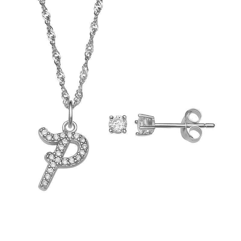 LC Lauren Conrad Sterling Silver Cubic Zirconia Stud Earrings & Initial Pendant Necklace Set, Womens Sterling Silver P Product Image