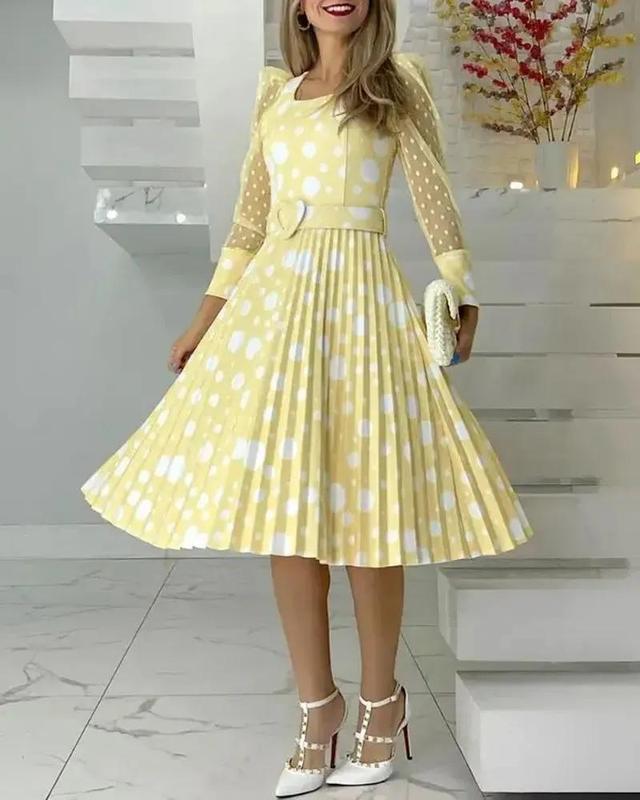 Olivia Mark – Polka Dot Mesh Puff Sleeve Pleated Casual Dress Product Image