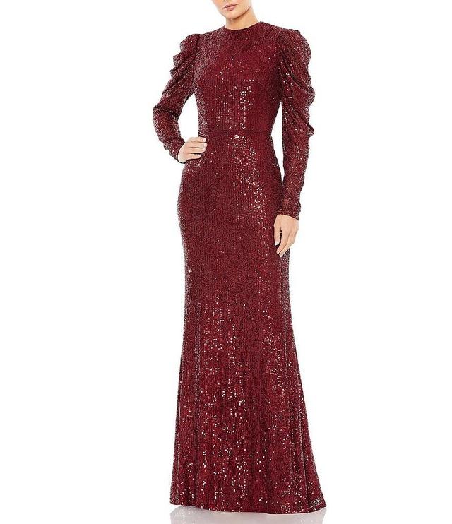 Mac Duggal Sequin Crew Neck Long Puff Drape Sleeve Sheath Gown Product Image