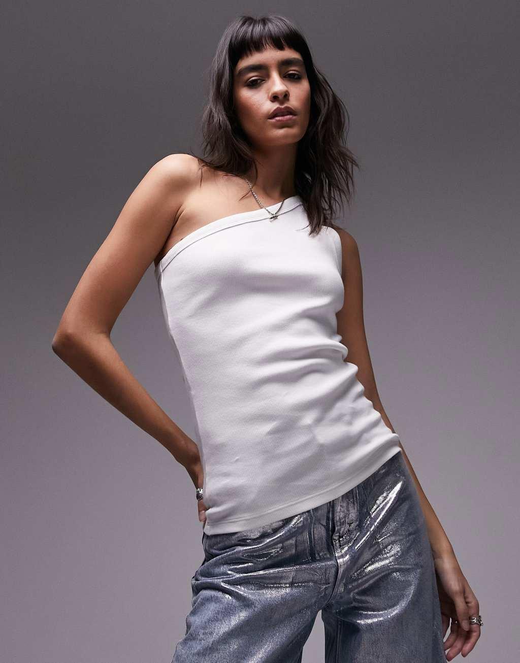 Topshop rib one shoulder tank top in white product image