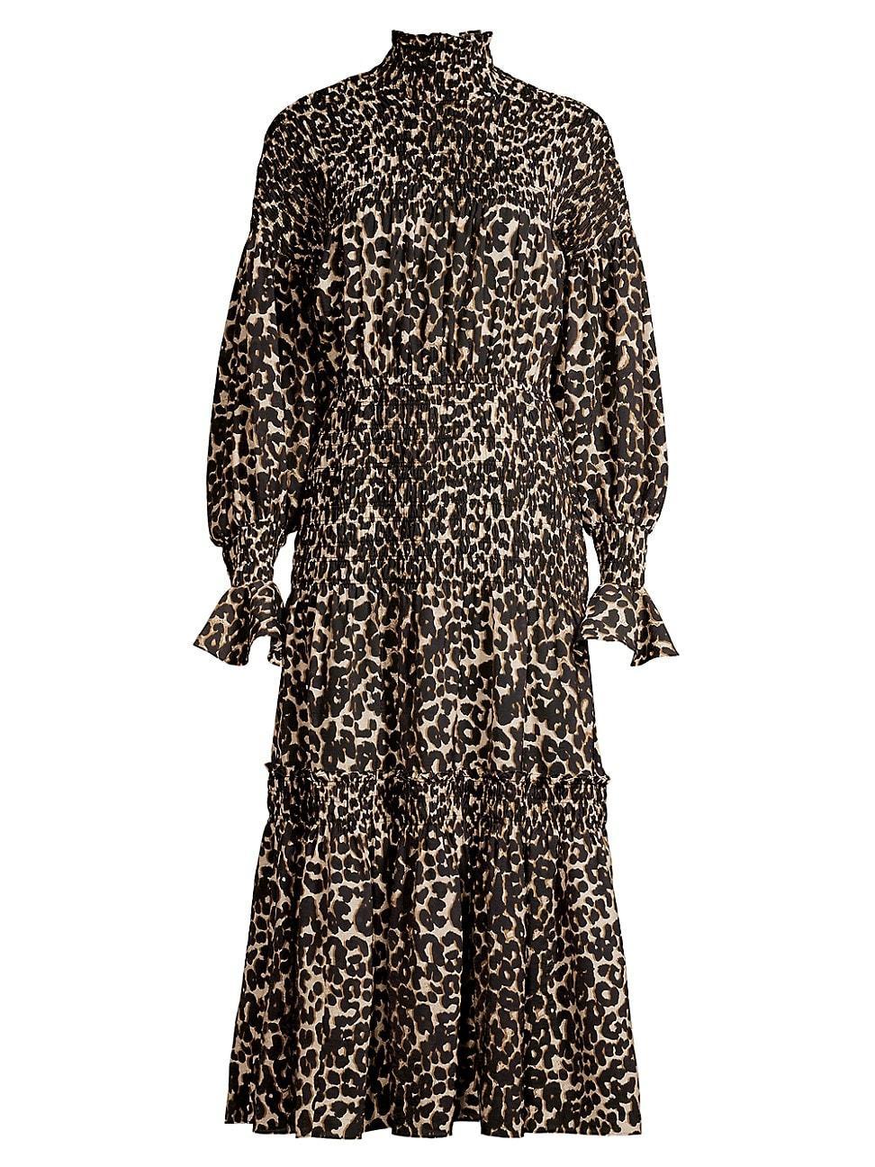 Womens Leopard Print Smocked Midi-Dress Product Image