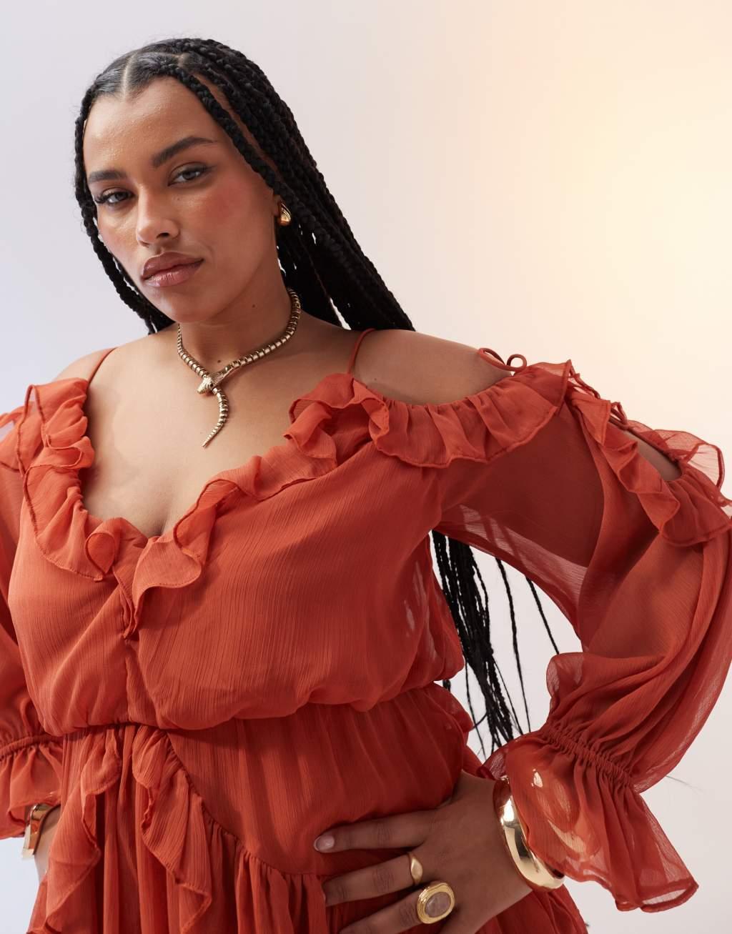 ASOS DESIGN Curve ruffle off shoulder midi dress in rust Product Image