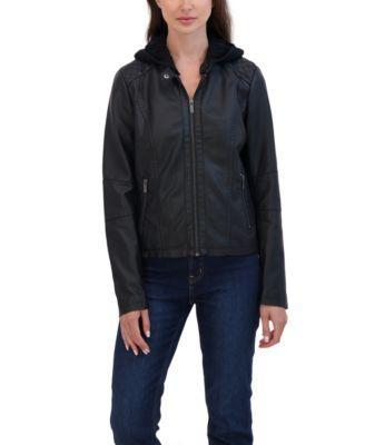 Women's Garment Dyed Faux Leather Zip Front Jacket With Detachable Sweater Knit Hood Product Image