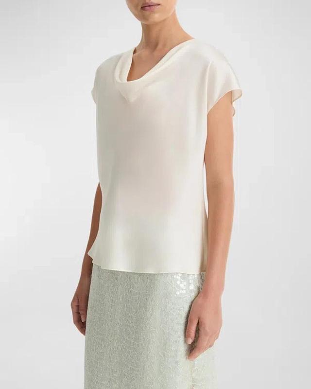 Cowl-neck Cap-sleeve Satin Blouse In Off White Product Image