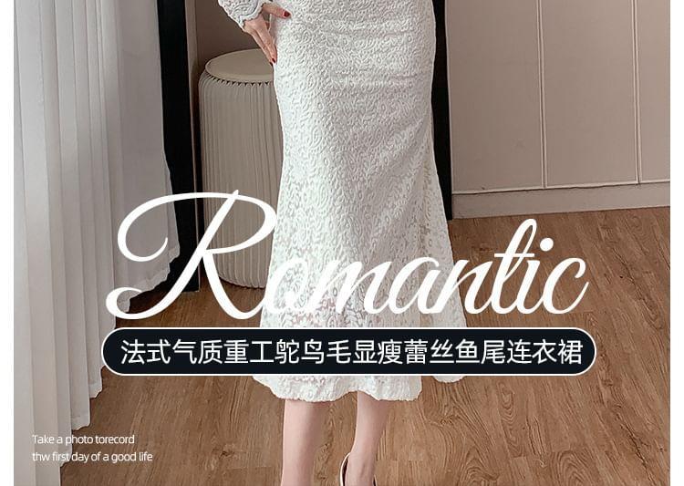 Long-Sleeve V-Neck Midi Lace Mermaid Dress Product Image