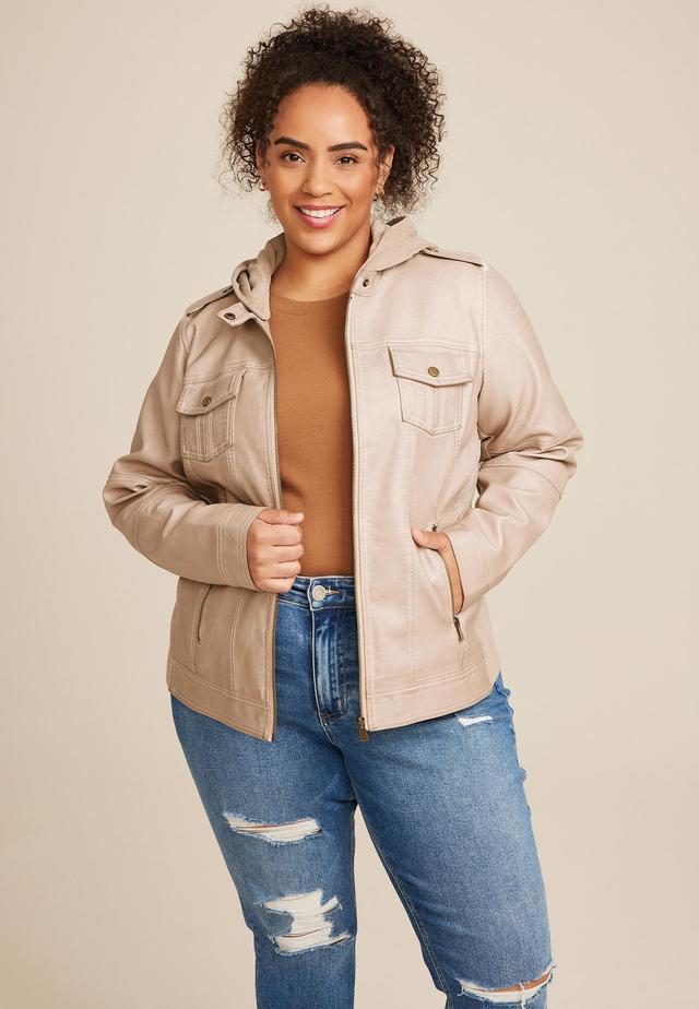 Maurices Plus Size Womens Hooded Faux Leather Jacket Beige Size 4X Product Image