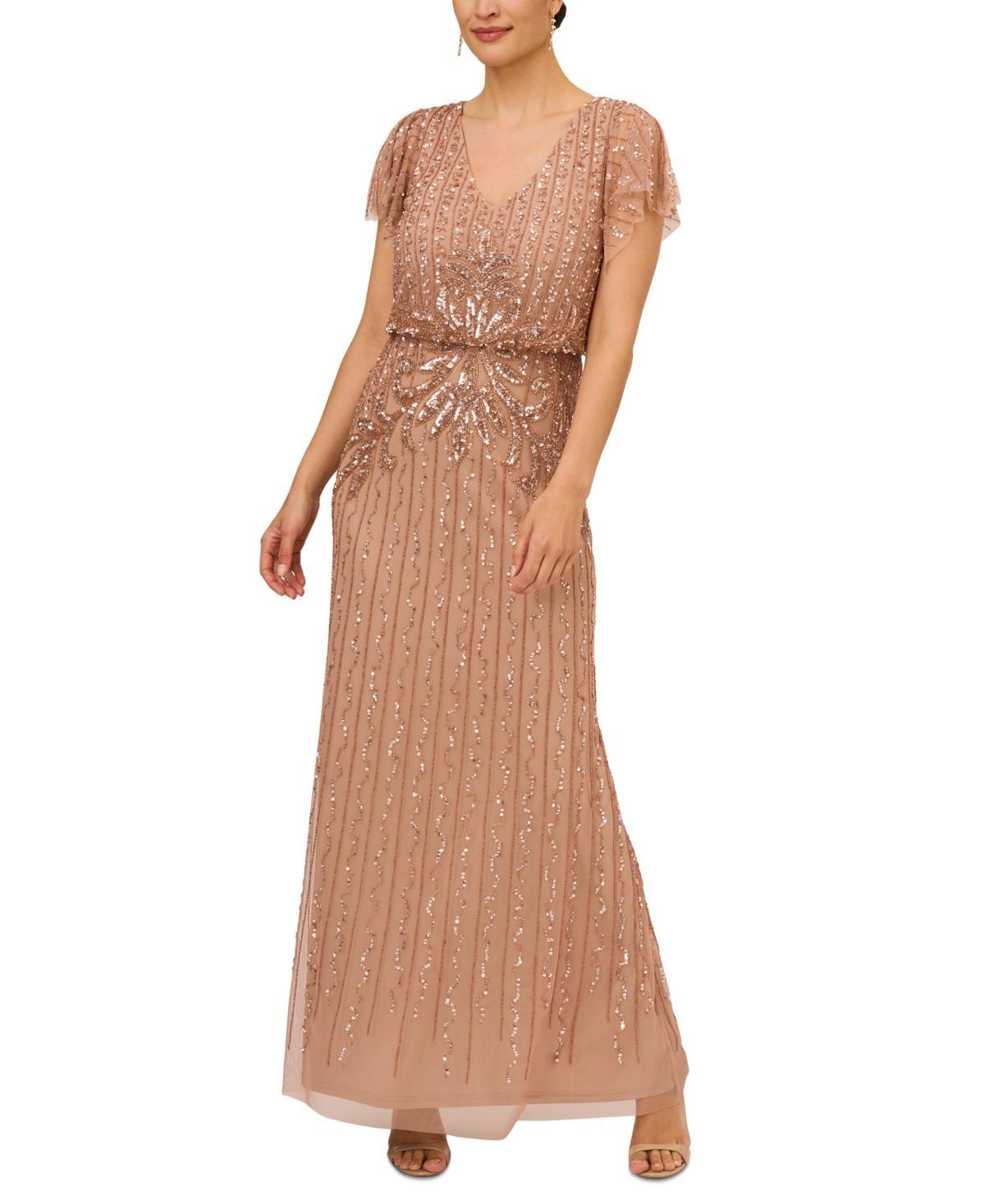 Adrianna Papell Womens Beaded Flutter-Sleeve Gown Product Image