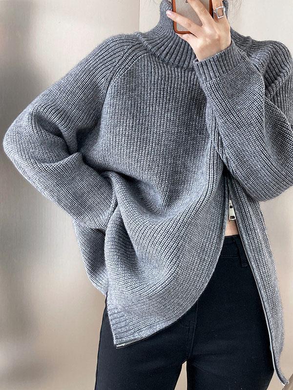 Urban Loose Long Sleeves Split-Side Solid Color Zipper Halter-Neck Sweater Tops product image