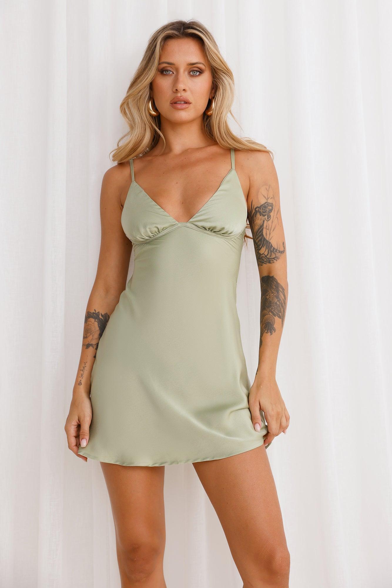 Enchanted Haven Satin Mini Dress Sage Product Image