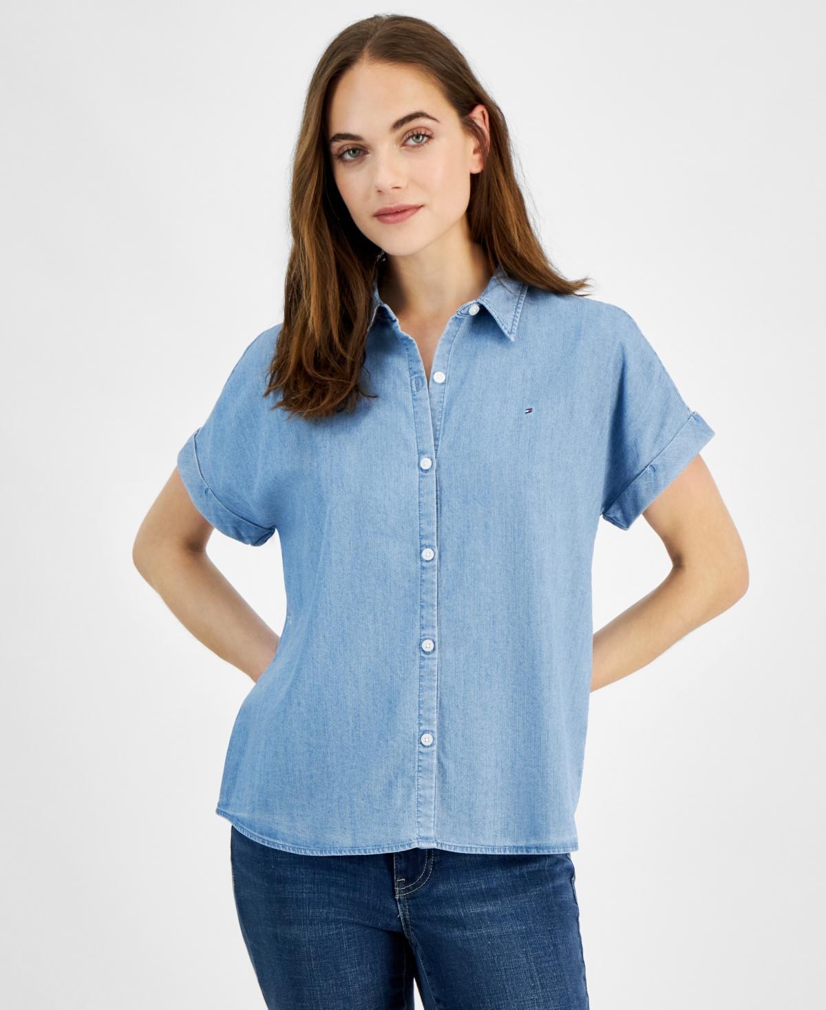 Tommy Hilfiger Womens Chambray Cuffed Dolman-Sleeve Shirt Product Image