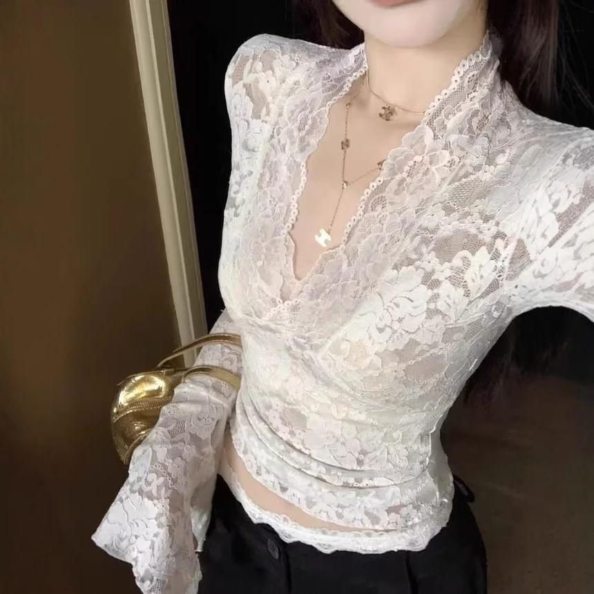 Long-Sleeve V-Neck Lace Crop Top Product Image