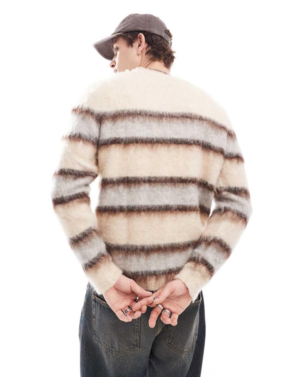 ASOS DESIGN fluffy knitted sweater in ecru and brown stripe Product Image