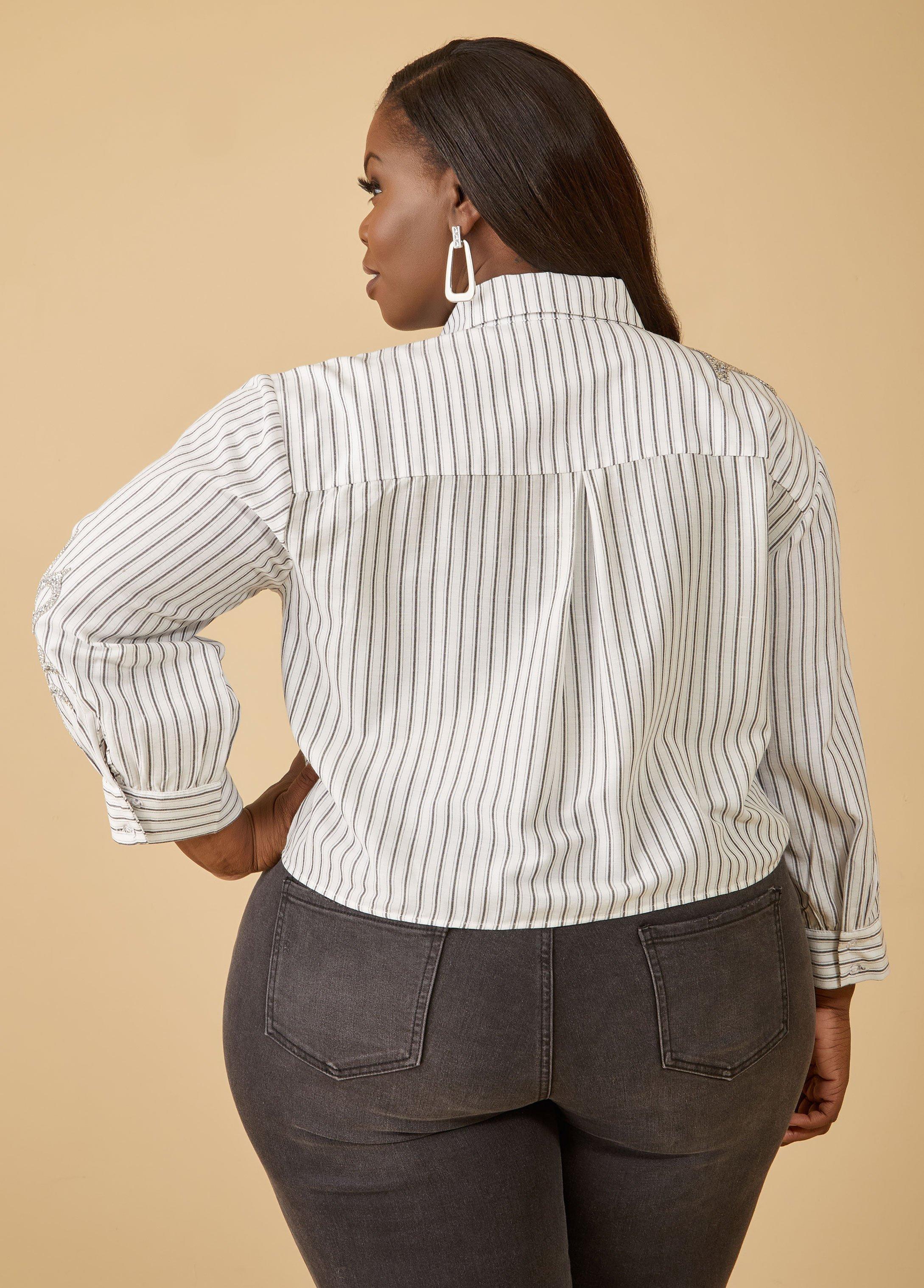 Plus Size Crystal Embellished Striped Shirt Ashley Stewart Product Image