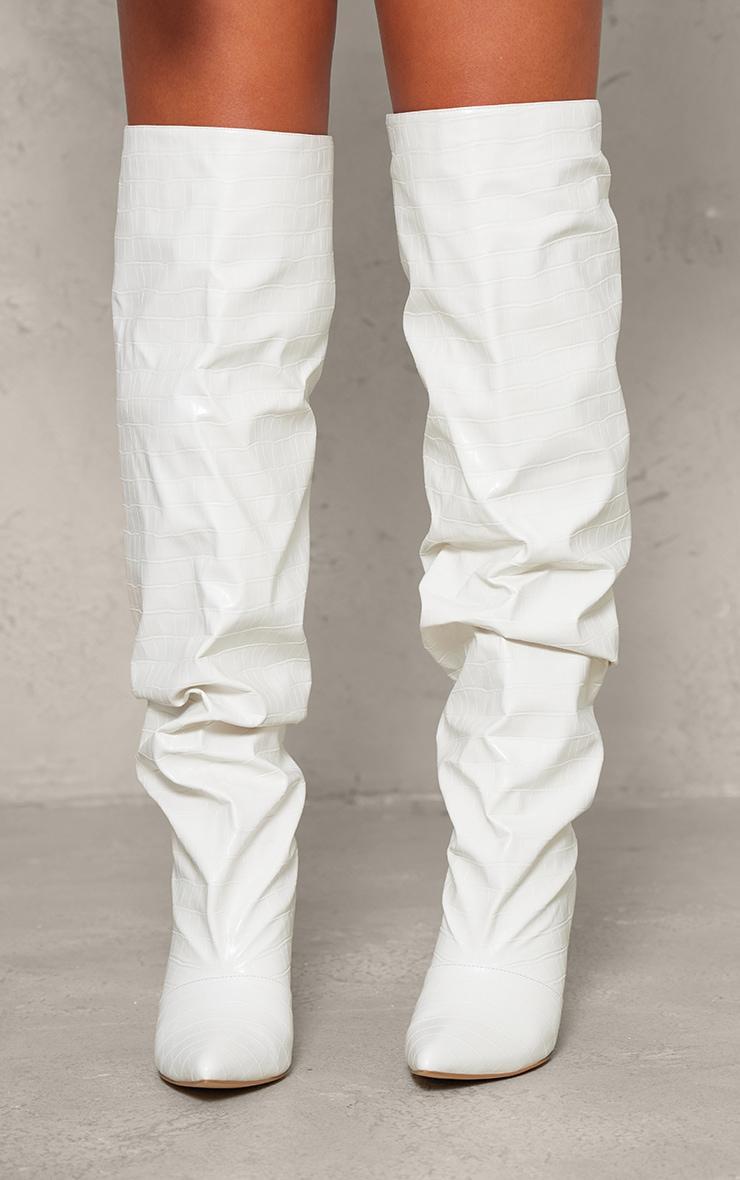 White Croc Pu Point Toe Ruched Knee High Stiletto Heeled Boots Product Image