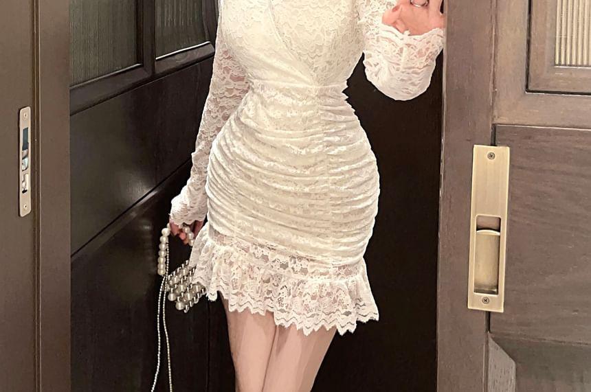 Long Sleeve V-Neck Floral Lace Ruched Bodycon Mini Dress Product Image