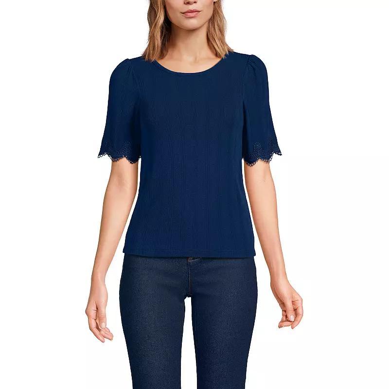 Womens Lands End Elbow Sleeve Pointelle Lace Shirt Deep Blue product image