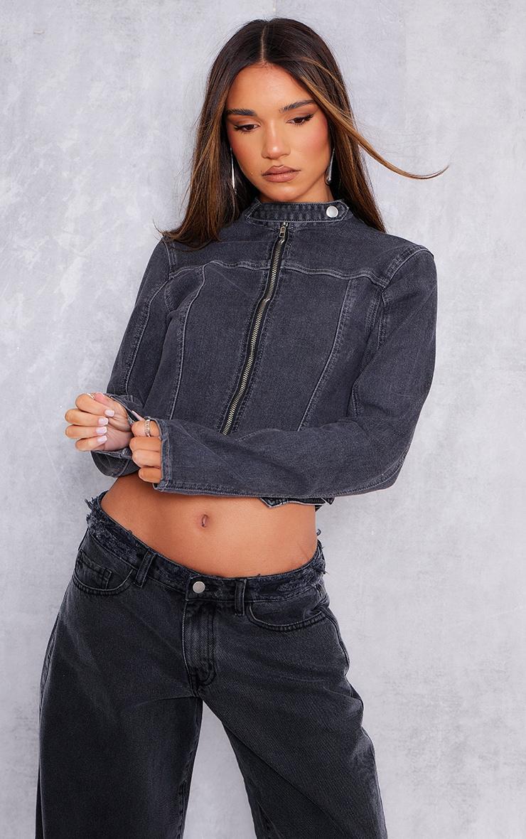 Washed Grey Dipped Hem Panelled Denim Racer Biker Jacket Product Image