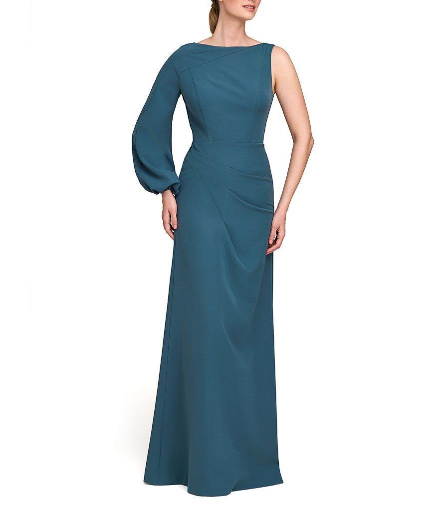 Kay Unger Iliana Stretch Crepe Bateau One Shoulder Bishop Sleeve Pleated A-Line Gown Product Image