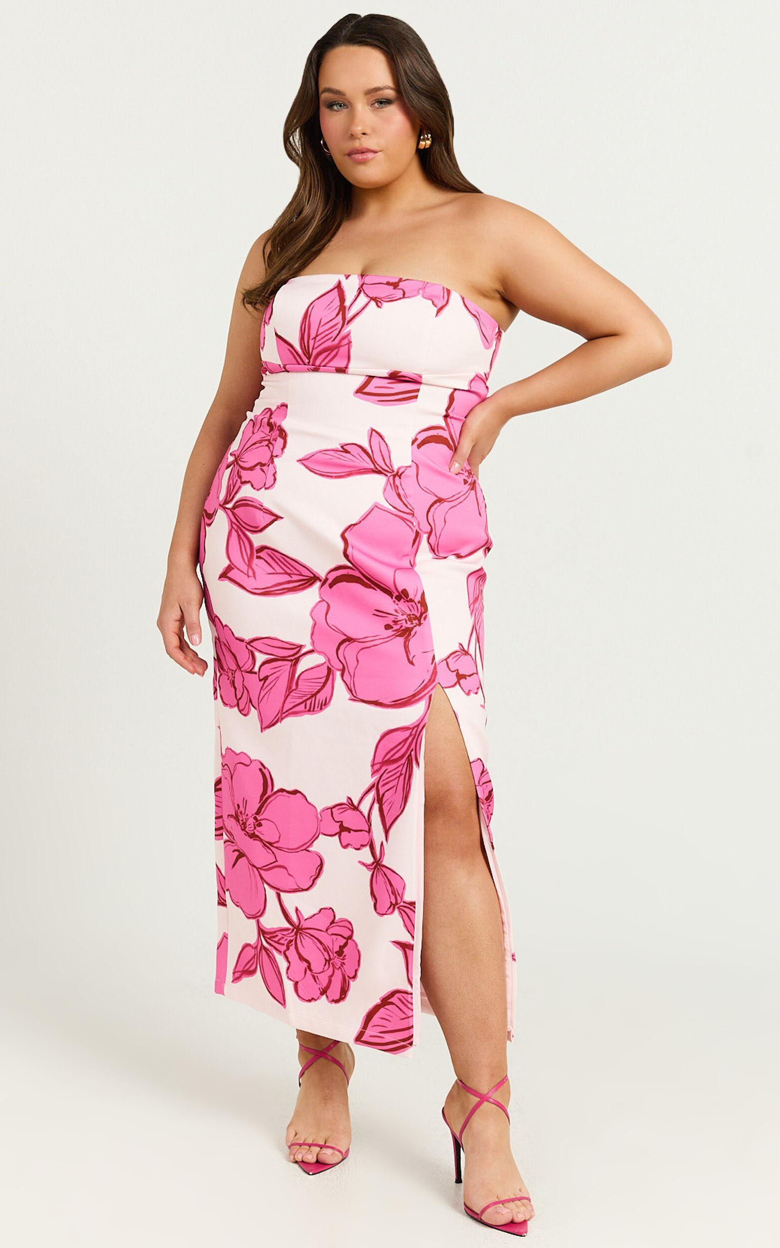 Shantelle Midi Dress - Strapless Bodycon Back Split Dress in Bouquet Di Fiori Print Product Image