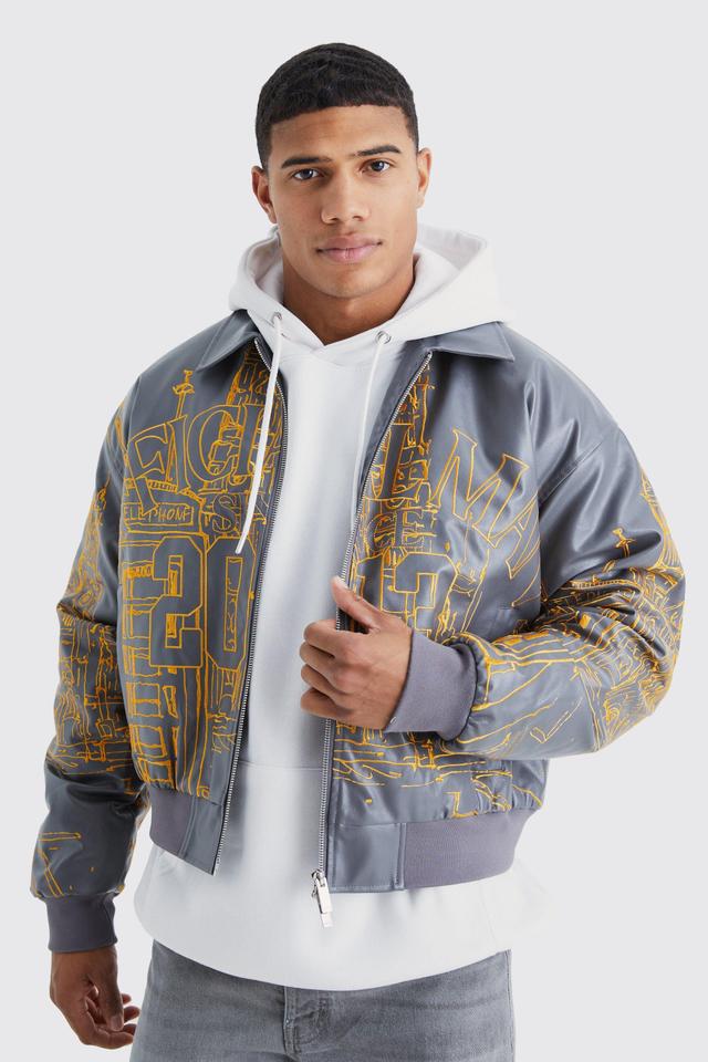 Mens Grey Boxy Pu Scenic Embroidery Bomber Jacket, Grey Product Image