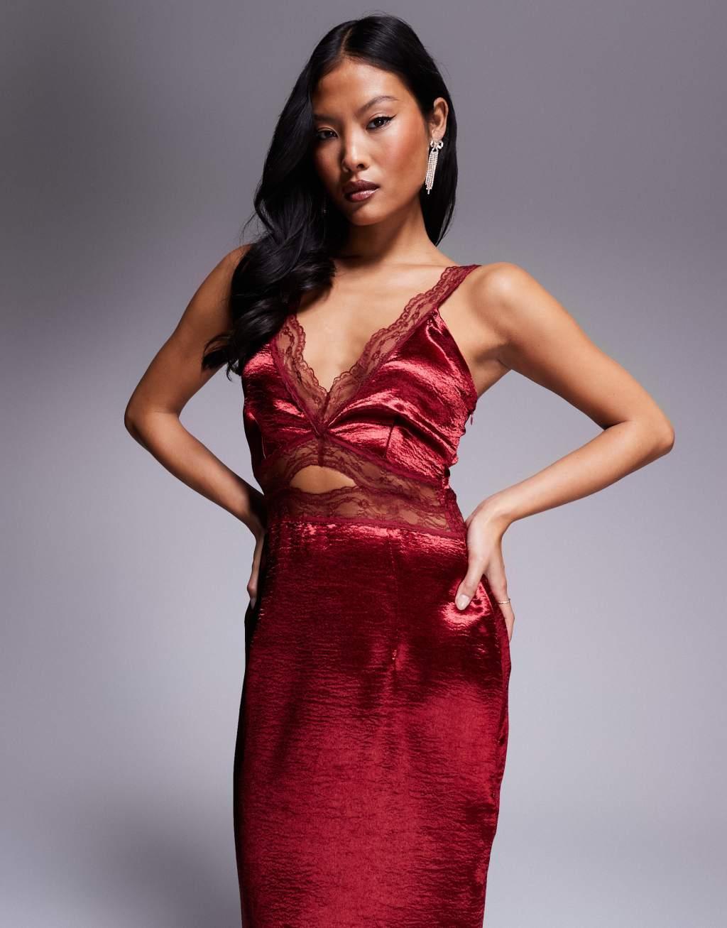 Never Fully Dressed Petite Mimi lace cut-out slip midaxi dress in oxblood Product Image