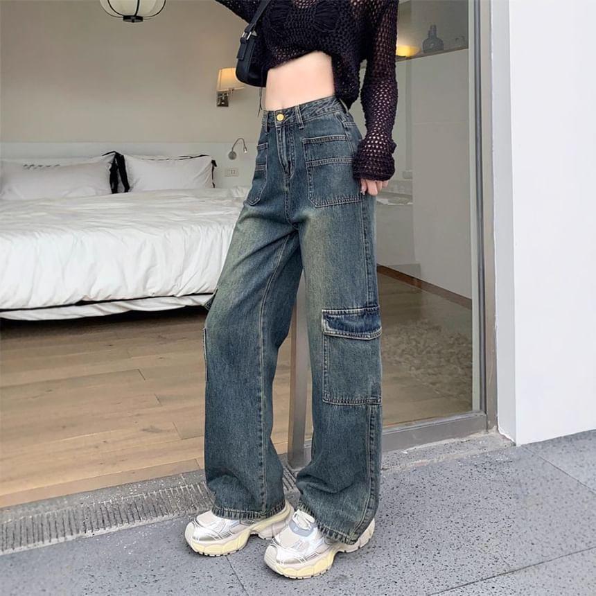 Mid Waist Washed Wide Leg Cargo Jeans Product Image